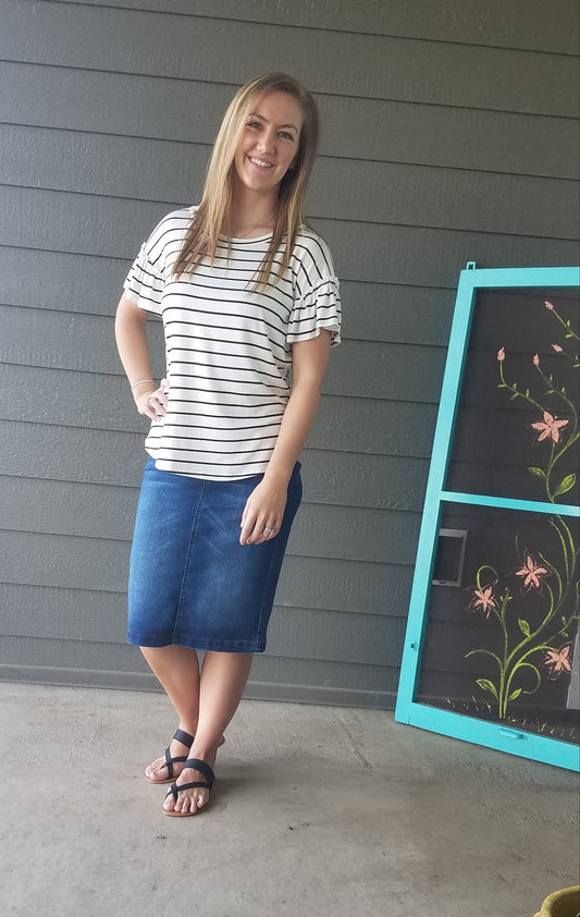 Black White Striped Ruffle Sleeve Boutique Shirt