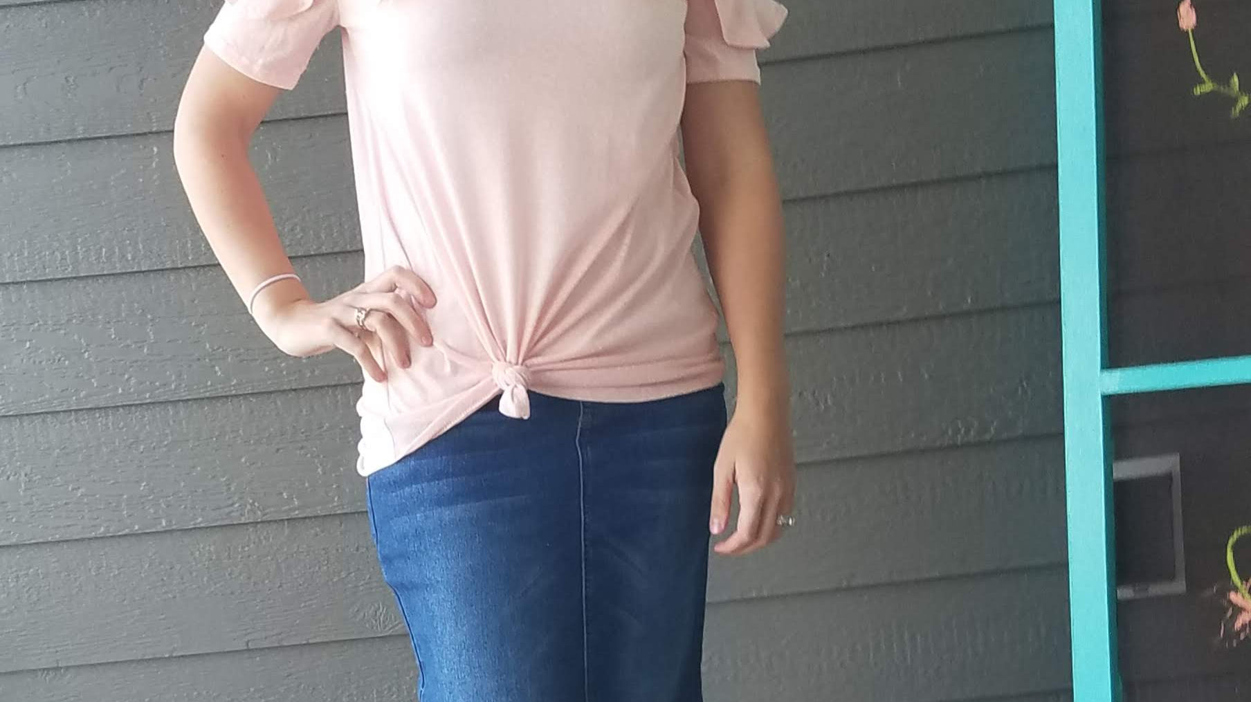 Heathered Blush Ruffle Cold Shoulder Boutique Shirt