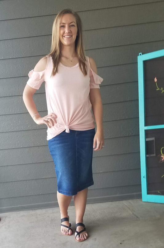 Heathered Blush Ruffle Cold Shoulder Boutique Shirt