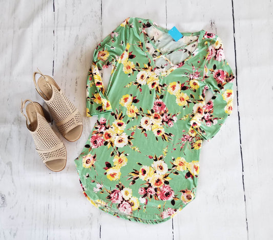 Spring Green Floral 3/4 Sleeve Criss Cross - Classy Closet Shop