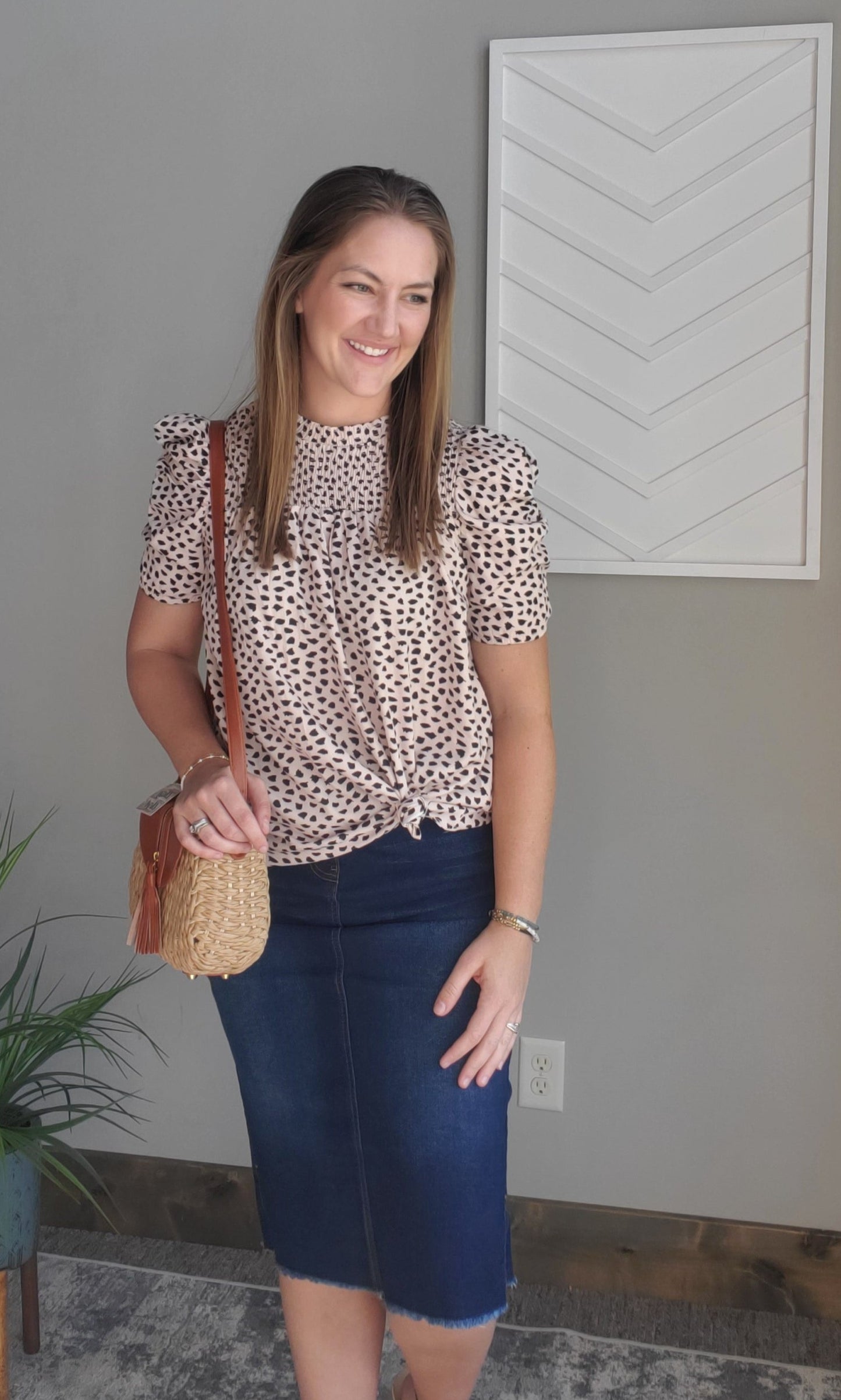 Khaki Leopard Smocked Neck Top; S, M