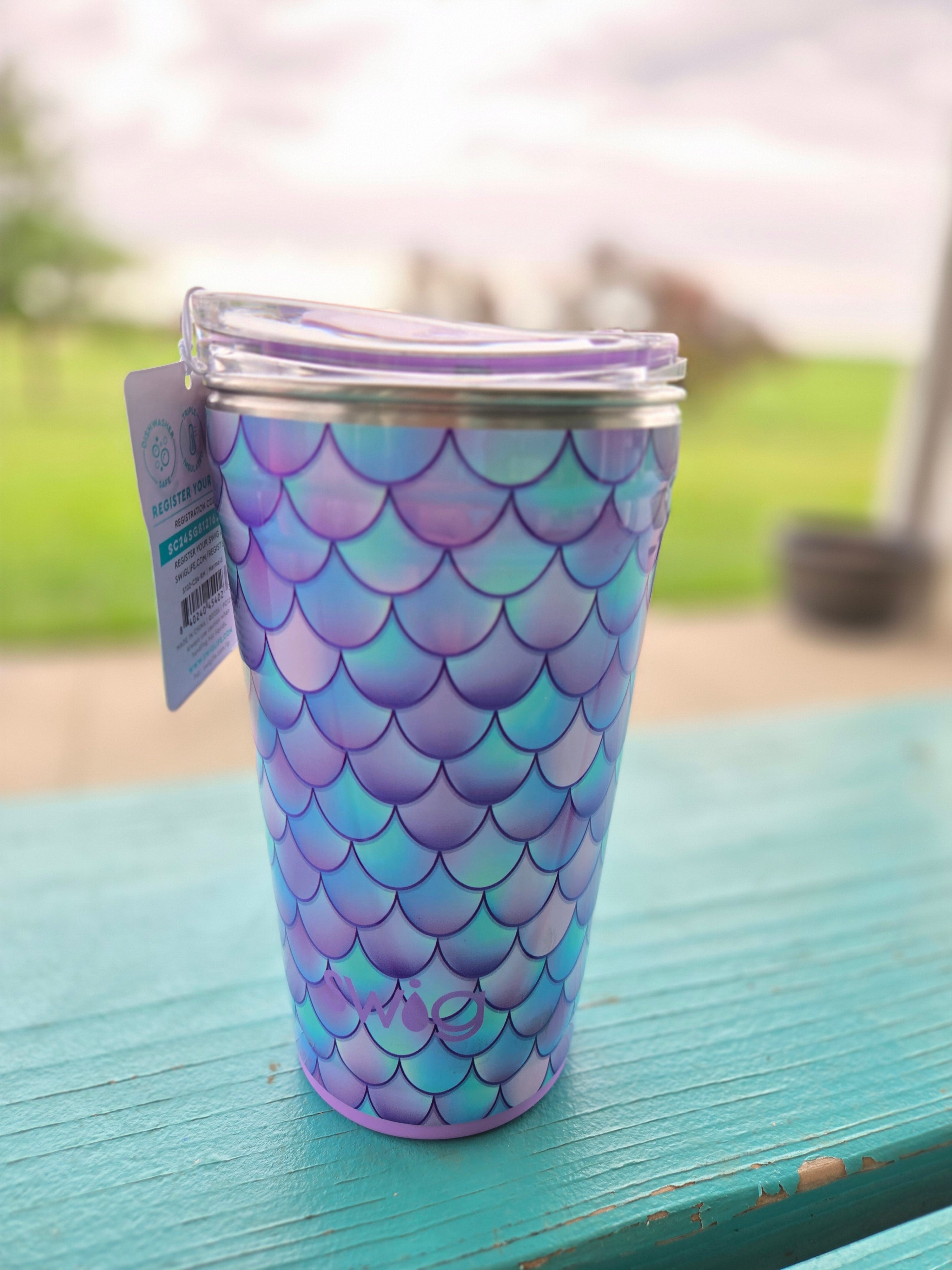 Tumbler with mermaid scale pattern on a wooden surface SWIG Party Cup