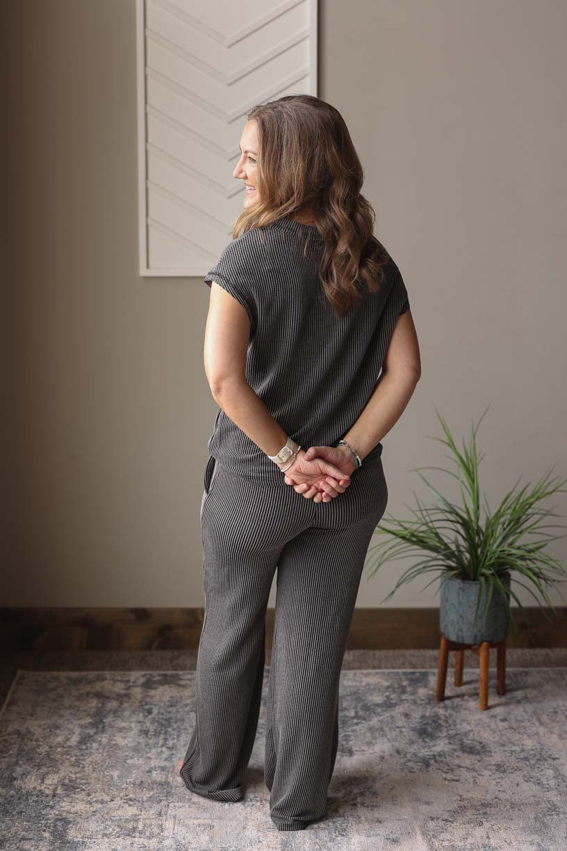 Grey Ribbed Top And Pants Set