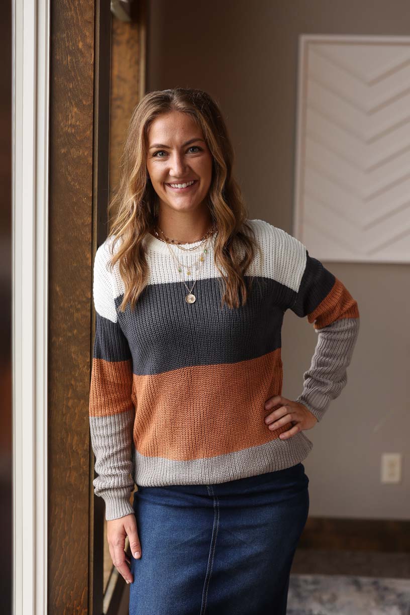 Chestnut Colorblock Sweater for work outfits or holiday gathering outfits from Classy Closet online boutique for women's modest fashion.