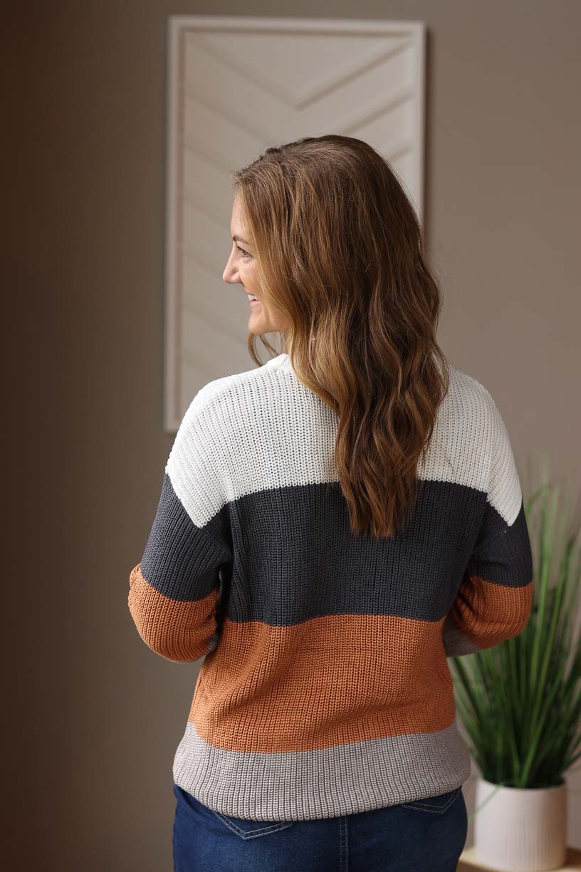 Chestnut Colorblock Sweater for work outfits or holiday gathering outfits from Classy Closet online boutique for women's modest fashion.