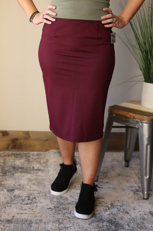 Amara Burgundy Dressy Pencil Skirt for Women's Modest Clothing at Classy Closet Online Boutique Near Me
