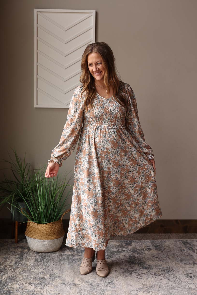 Khaki Floral Smocked Maxi Dress