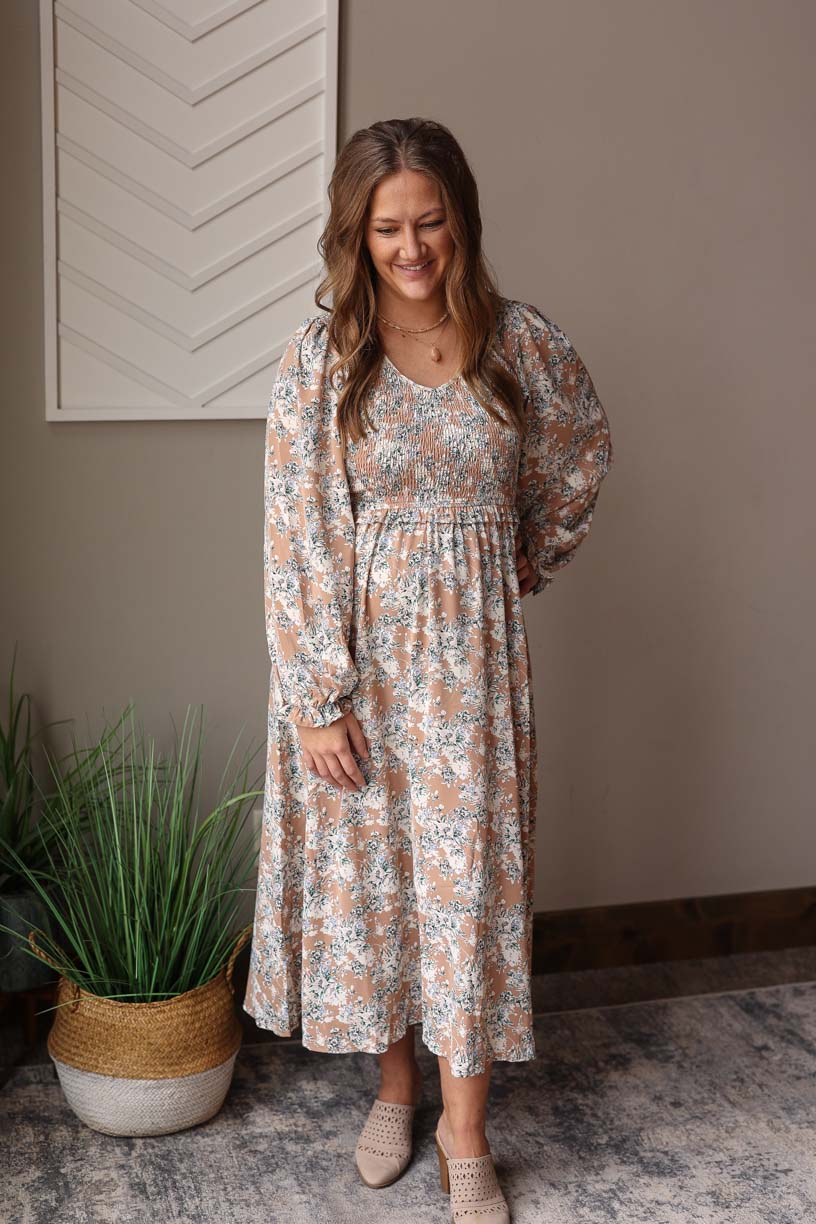 Khaki Floral Smocked Maxi Dress