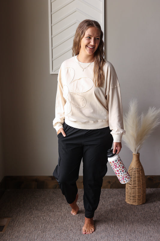 Beige Flower Patch Drop Shoulder Top