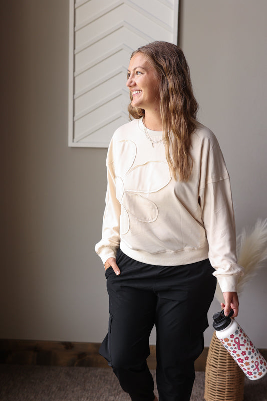 Beige Flower Patch Drop Shoulder Top