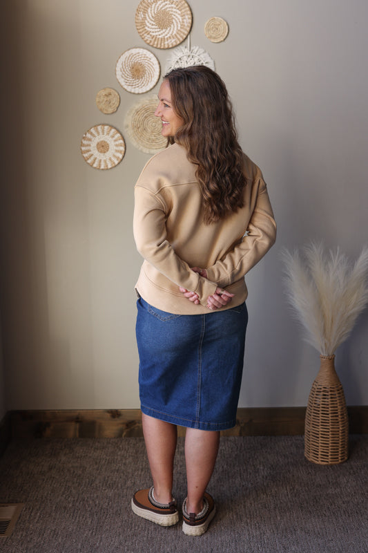 Beige Grommet Detail V-Neck Sweatshirt