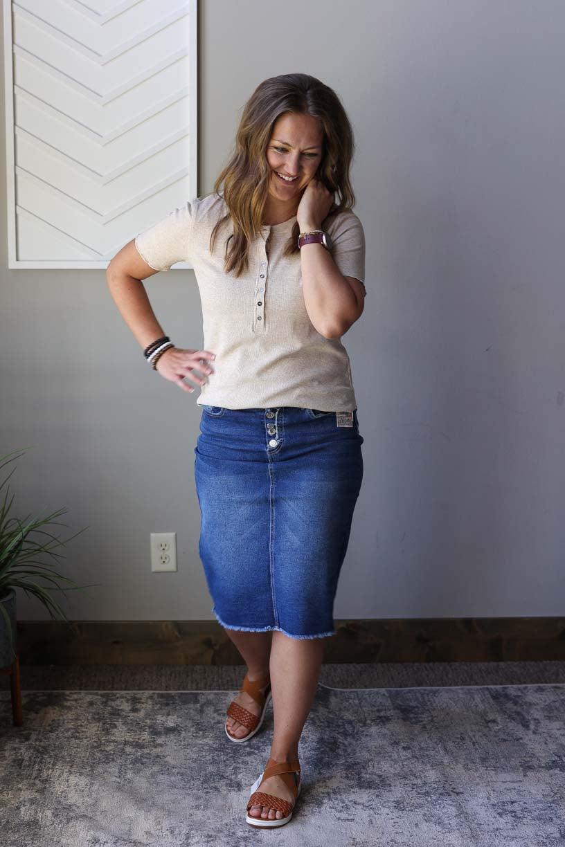 Oatmeal Short Sleeve Henley Ribbed Top