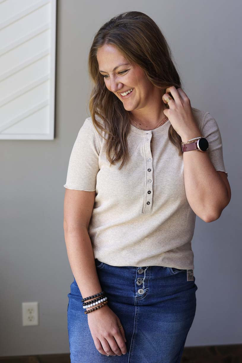 Oatmeal Short Sleeve Henley Ribbed Top