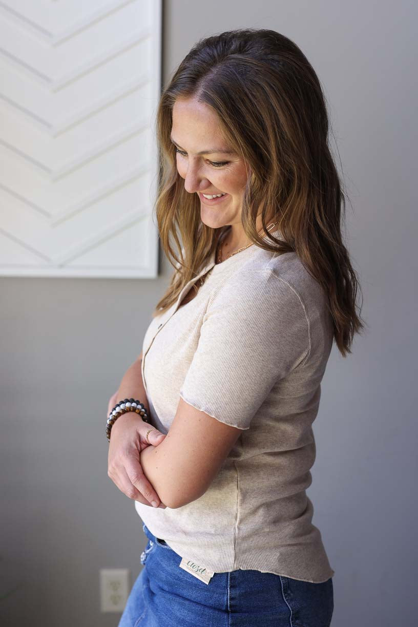 Oatmeal Short Sleeve Henley Ribbed Top
