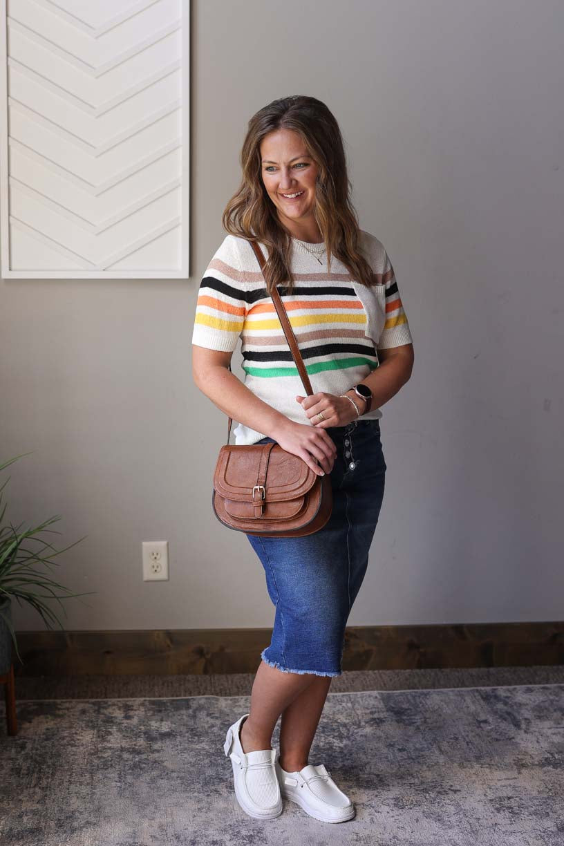 Multicolor Stripe Lightweight Short Sleeve Sweater