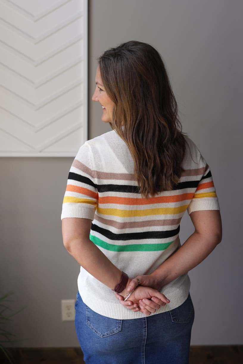 Multicolor Stripe Lightweight Short Sleeve Sweater