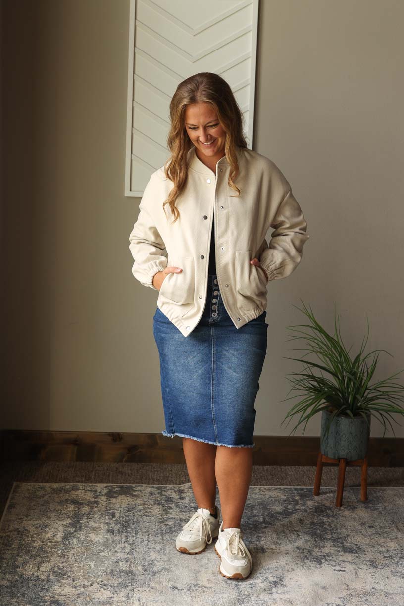 Beige Baseball Collar Snap Button Jacket, S, M, L