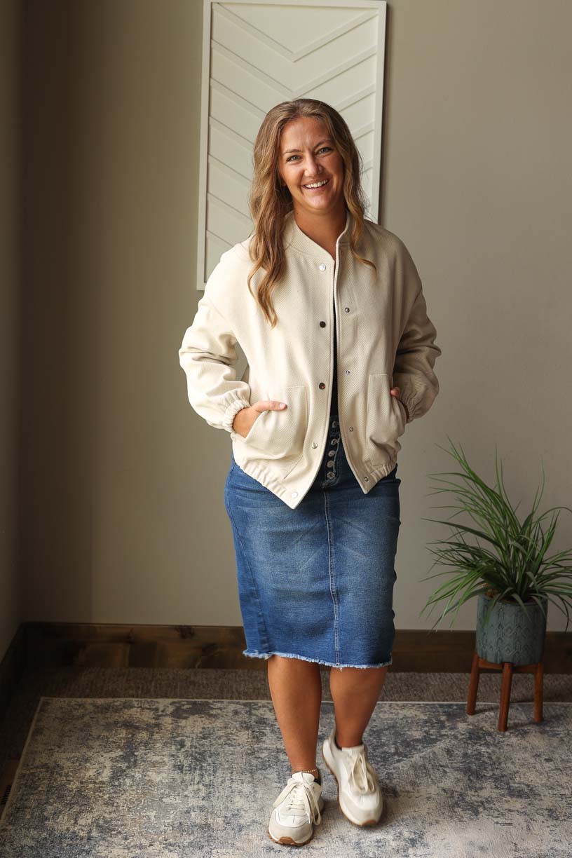 Beige Baseball Collar Snap Button Jacket, S, M, L