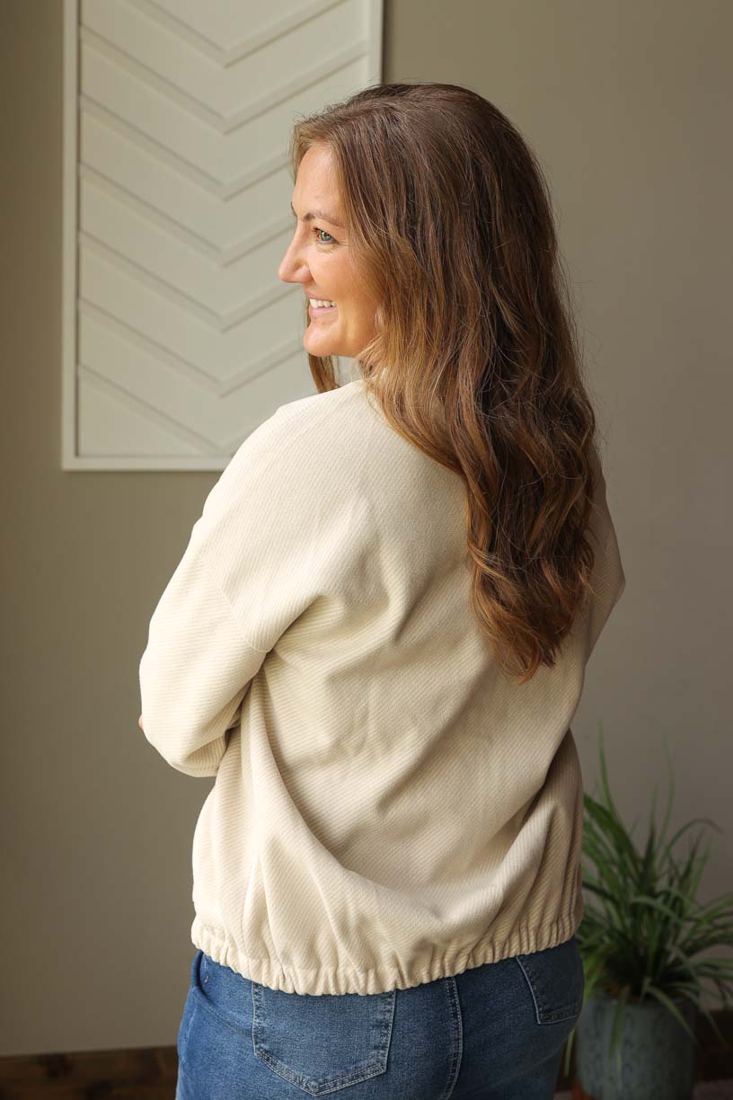 Beige Baseball Collar Snap Button Jacket, S, M, L