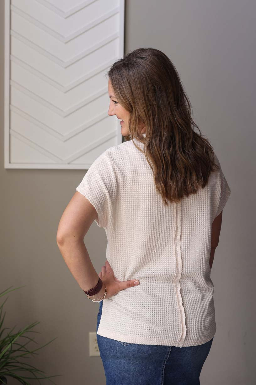 Khaki Textured Seamed Short Sleeve Top