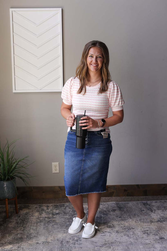 Brighten your summer wardrobe with this adorable Pink Stripe Textured Puff Sleeve Top! The playful pink and white stripes create a cheerful look, while the cute puff sleeves add a touch of whimsy. Perfect for casual outings, office days, or simply enjoying the sunshine in style with friends. This soft, comfortable top will quickly become your go-to summer favorite!