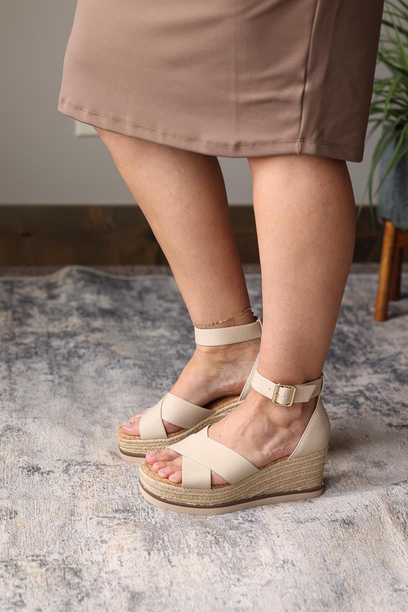 Beige Cork Low Wedge Sandal • 8
