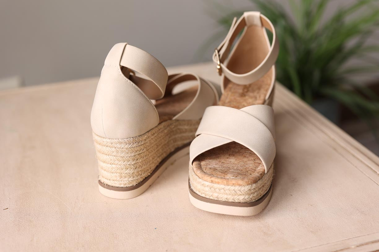 Beige Cork Low Wedge Sandal • 8