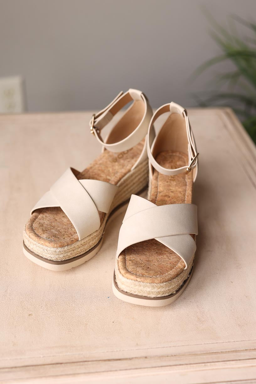 Beige Cork Low Wedge Sandal • 8
