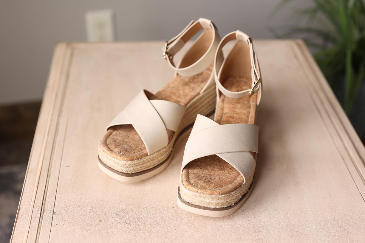 Beige Cork Low Wedge Sandal • 8
