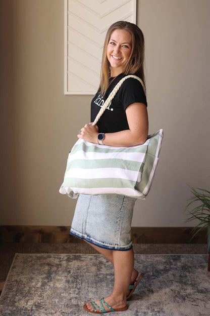 Green Striped Rope Handle Tote Bag