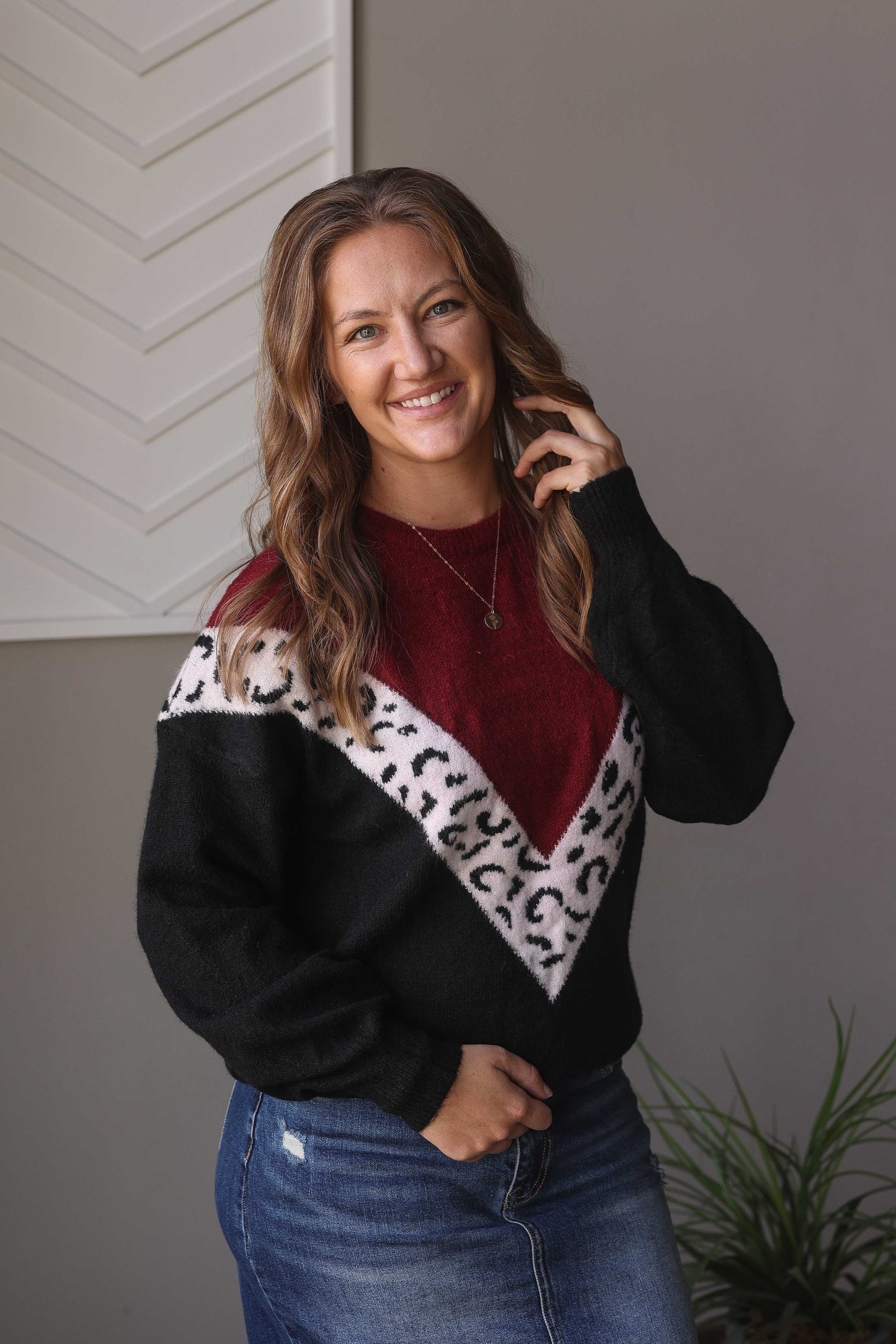 Look stylish and cozy in our Black Colorblock Chevron Leopard Top! The cozy material will keep you comfy while the chevron pattern gives you that extra touch of style – perfect for nights out or days at the office. You'll be comfortable and confident styling this comfy, winter must-have! Classy Closet trendy affordable women's clothing boutique for modest fashion and denim skirts.