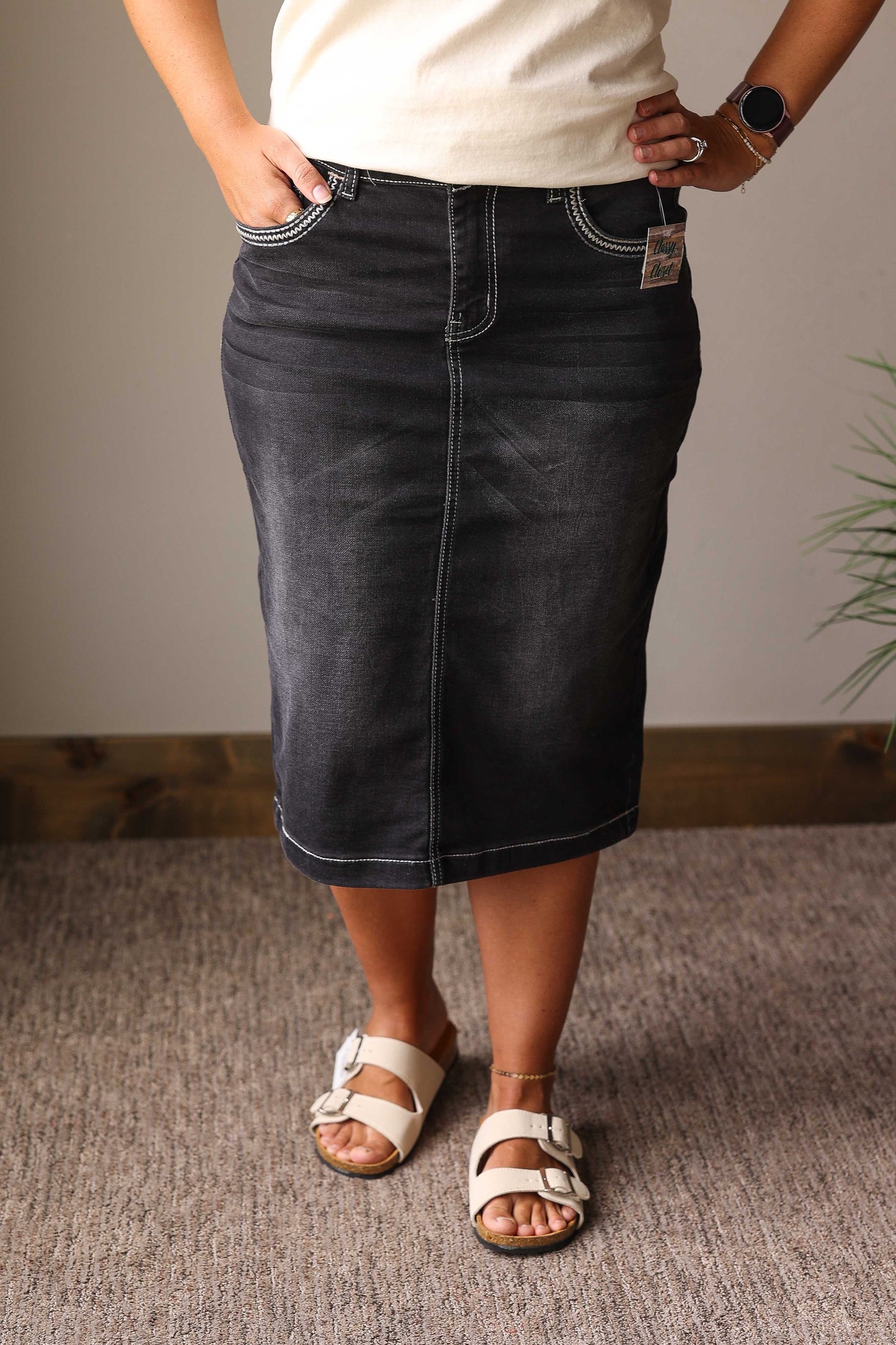 Black Heavy Stitching Stretch Denim Skirt