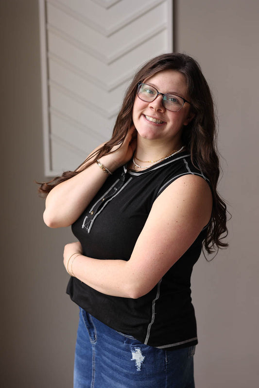 Black Contrast Stitching Henley Tank, L, XL