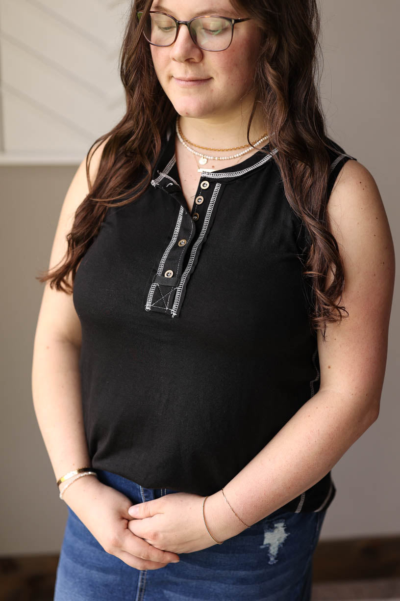 Black Contrast Stitching Henley Tank, L, XL