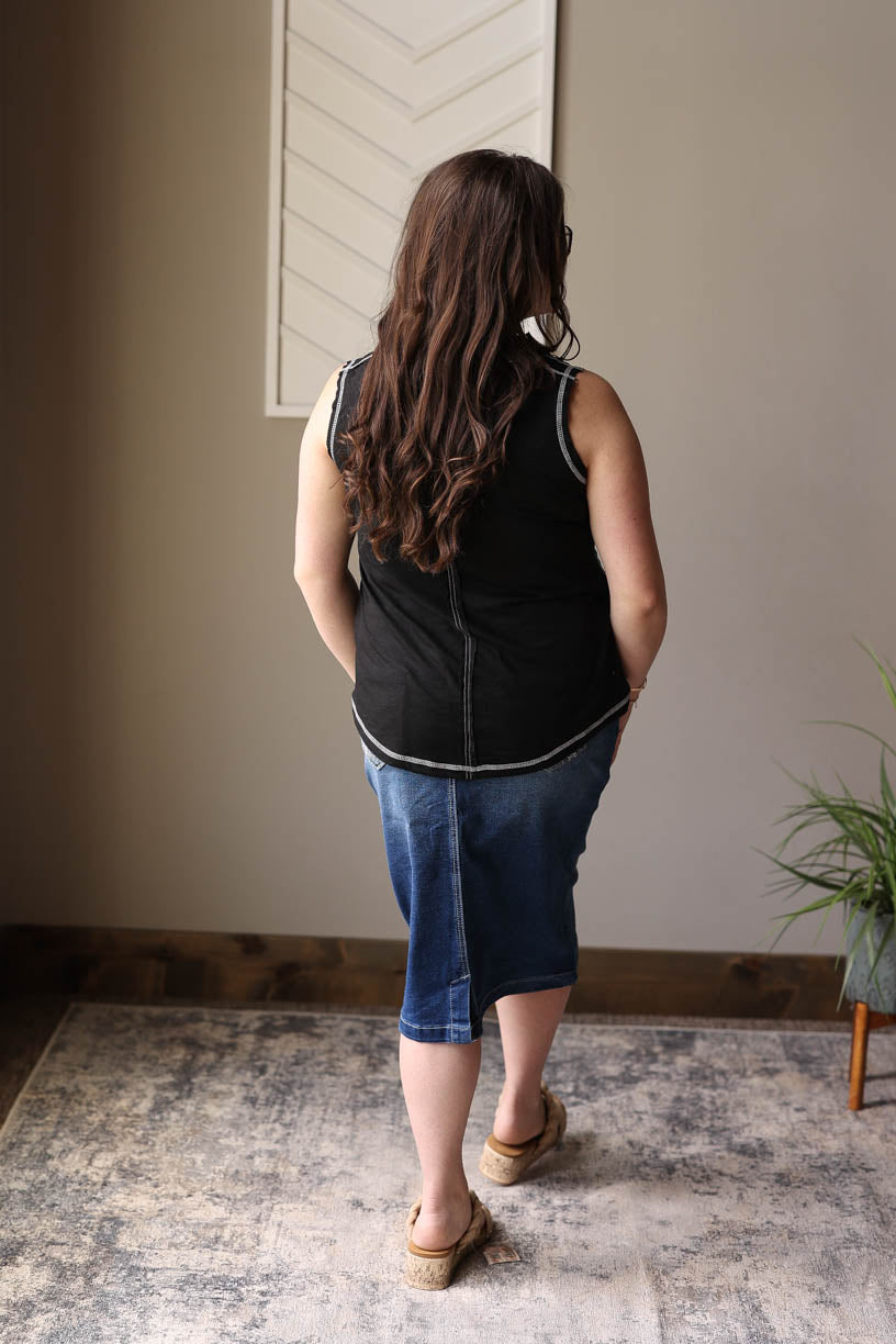 Black Contrast Stitching Henley Tank, L, XL