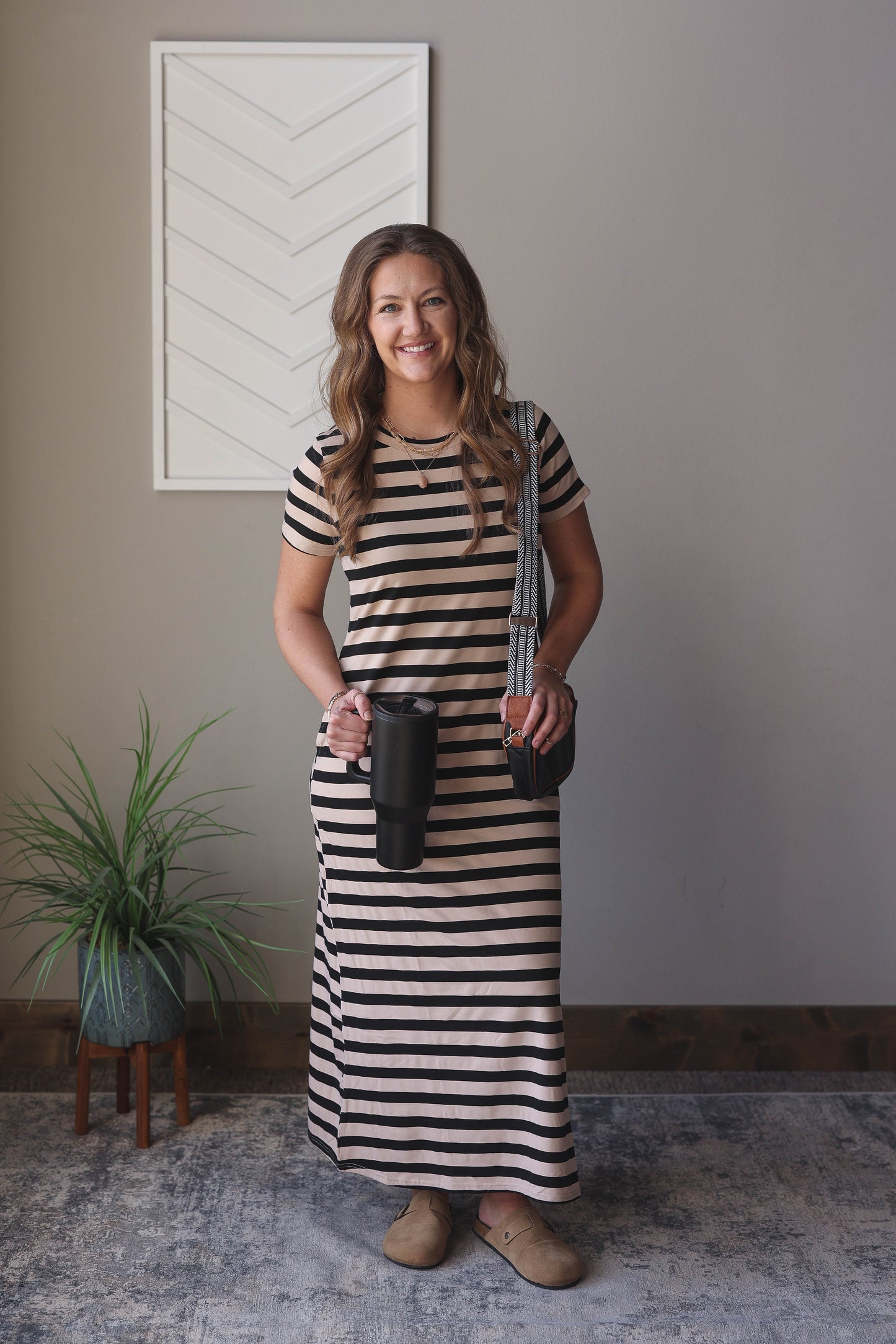 Black Stripe Crewneck Maxi Dress With Pockets