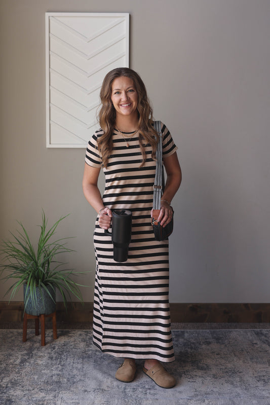 Black Stripe Crewneck Maxi Dress With Pockets