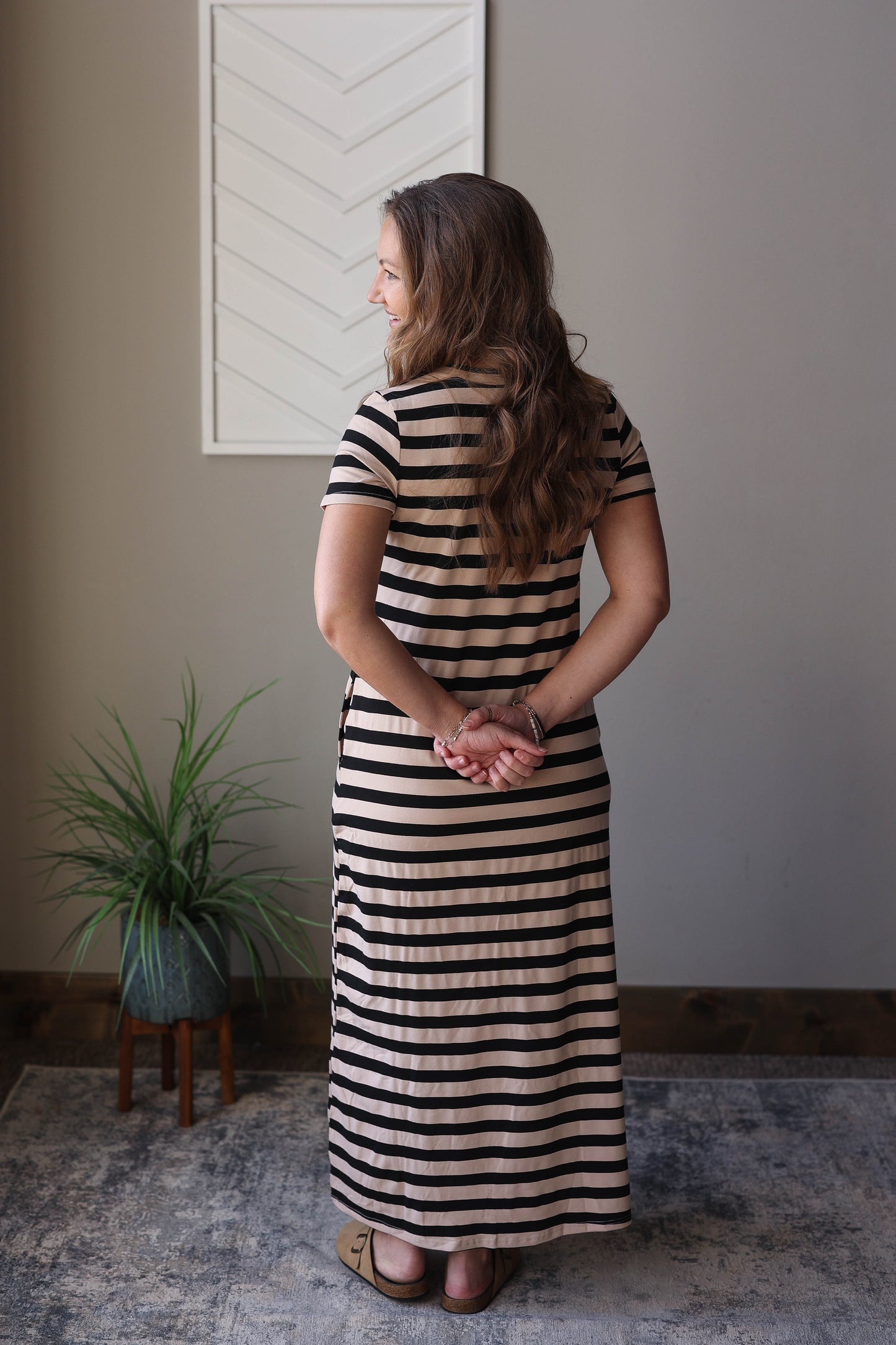Black Stripe Crewneck Maxi Dress With Pockets