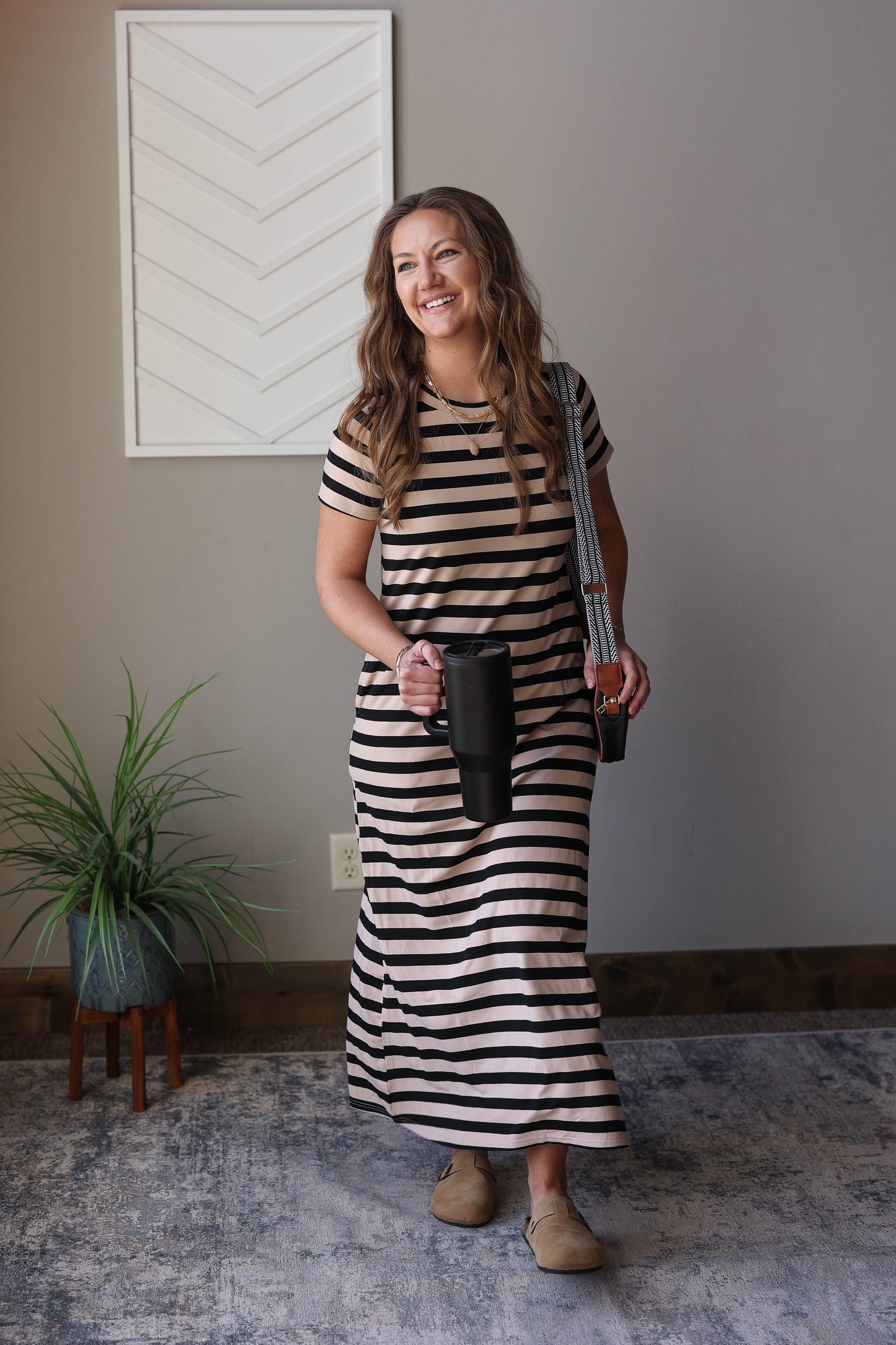 Black Stripe Crewneck Maxi Dress With Pockets