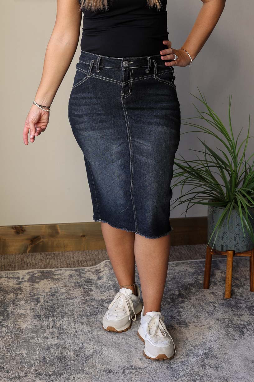Say hello to your favorite new, must-have skirt! Introducing our Hannah Black Wash Denim Skirt - the perfect blend of style and comfort! This trendy skirt features a great length and stretchy material for a flattering fit. Classy Closet, your shop for hard to find knee length denim skirts and modest everyday skirts.