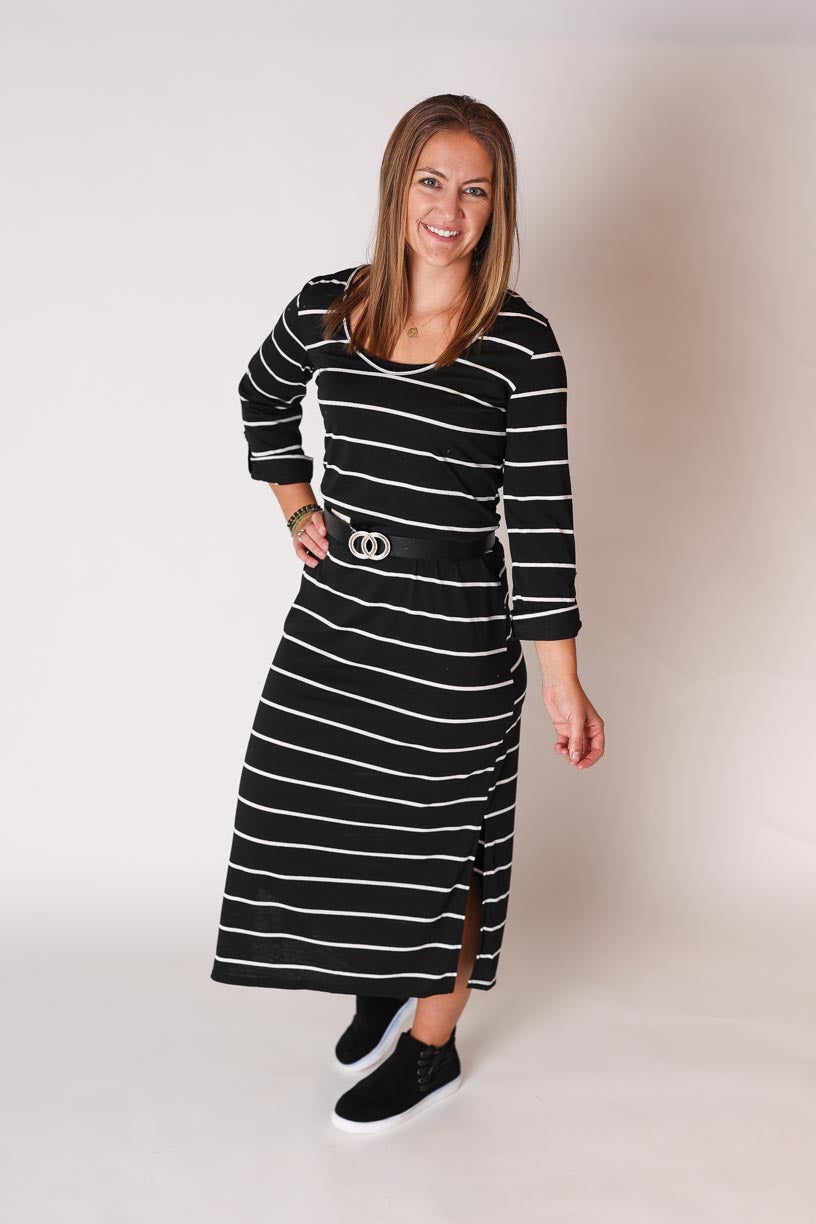 Black White Stripe Casual Midi Dress, S or XL