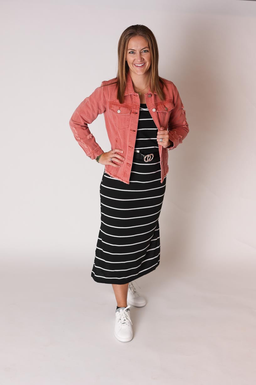 Black White Stripe Casual Midi Dress, S or XL