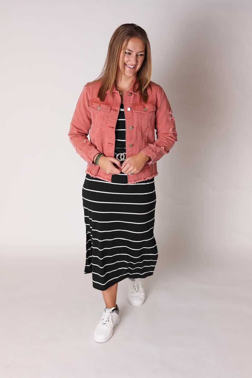 Black White Stripe Casual Midi Dress, S or XL