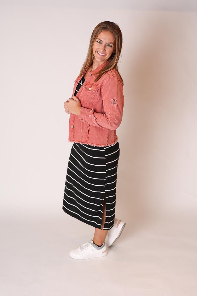 Black White Stripe Casual Midi Dress, S or XL