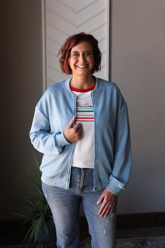 Unleash your love for spring with our Dusty Blue Textured Zippered Jacket. Designed with a trendy quilted texture, this jacket will keep you stylish and comfortable. Easily pair with any outfit thanks to its functional pockets and no hood style. Dressing up and feeling put together has never been easier! Classy Closet online women's boutique for cute trendy clothing at affordable prices for moms at home or work. Hull iowa