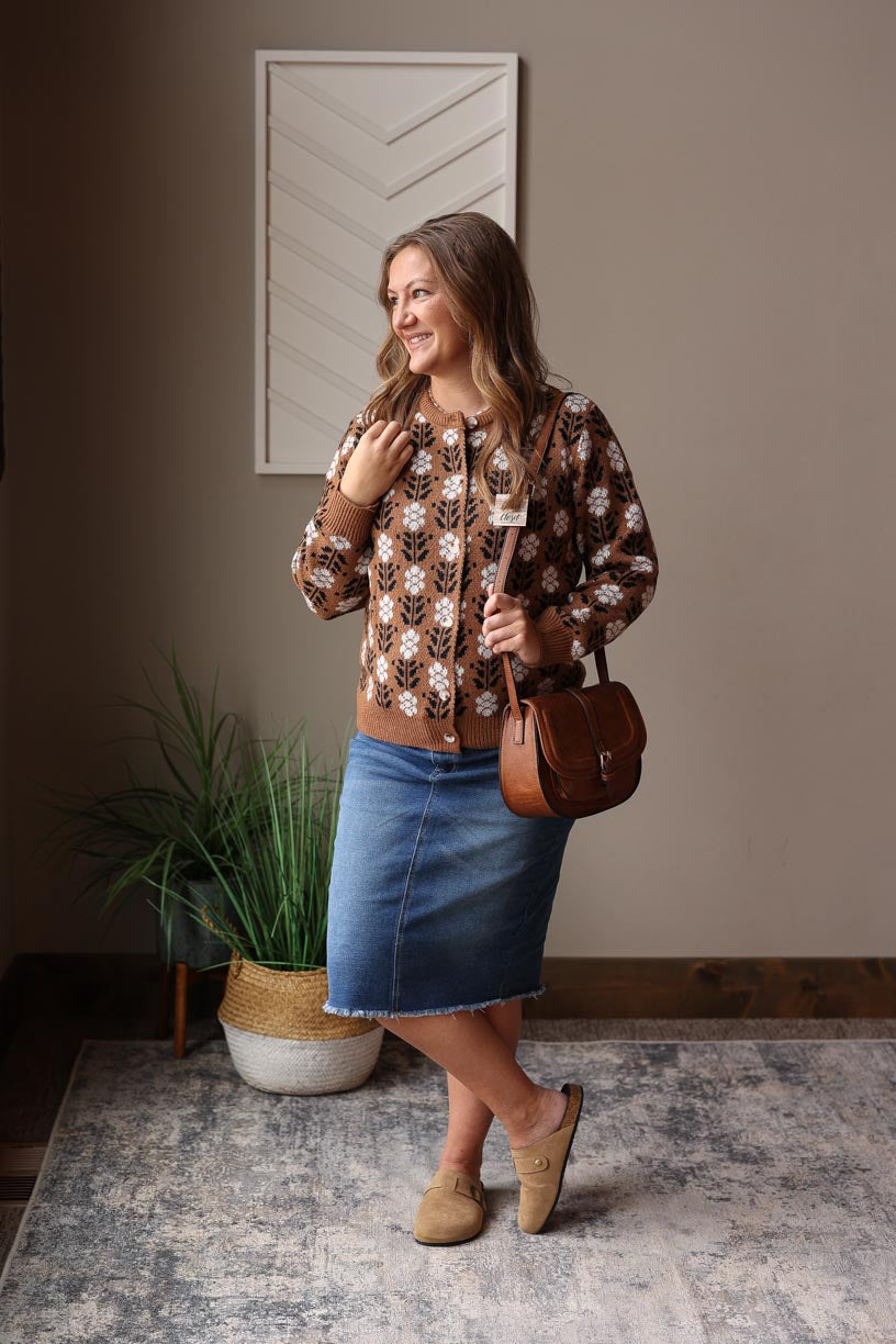 Mocha Floral Print Button Cardigan