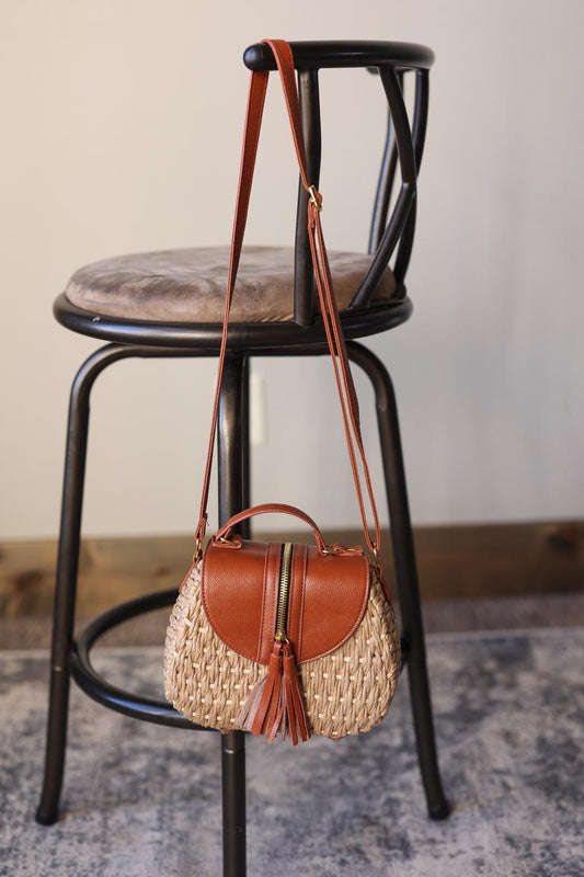 Khaki Bamboo Weaving Leather Shoulder Handbag