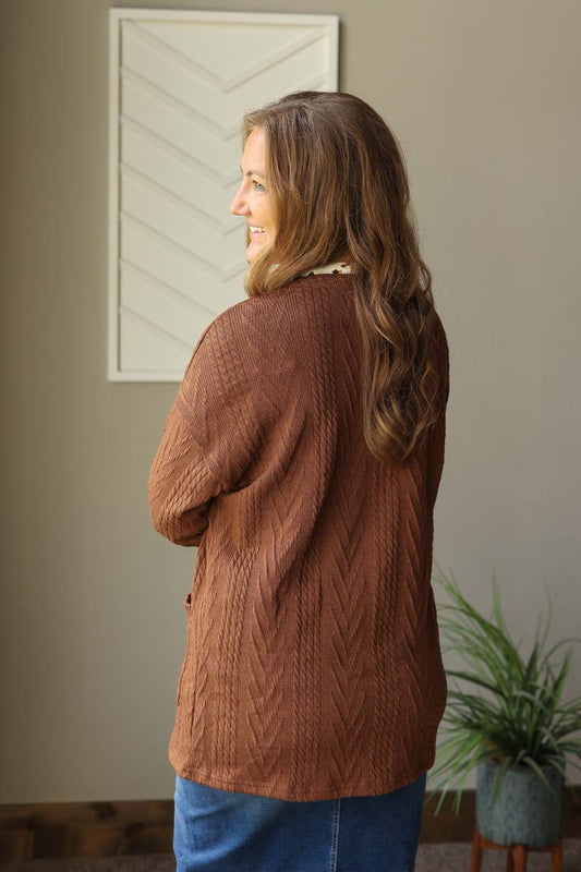 Coffee Textured Open Front Cardigan, M/L, XL/2XL PLUS