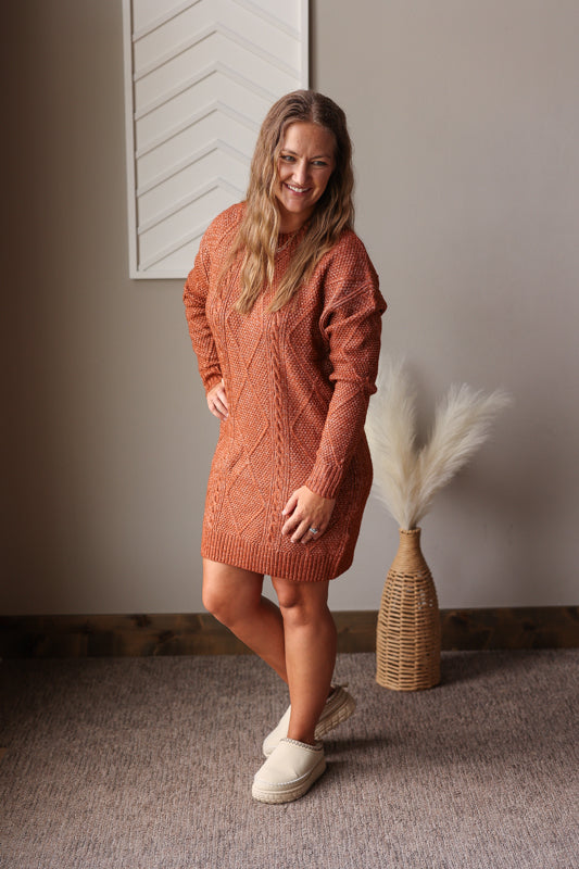 Stay cozy and stylish in our Coffee Cable Knit Sweater Dress, perfect for effortless comfort and chic looks all season long for cozy cute fall winter outfits.