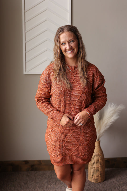 Coffee Cable Knit Sweater Dress